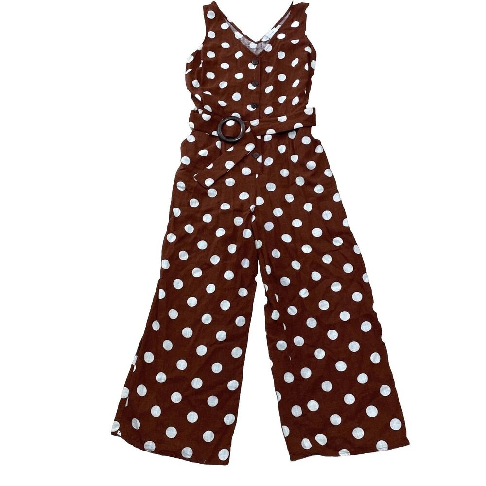 Monteau Los Angeles Belted Linen Jumpsuit Women L Brown Polka Dot Crop Jumper L